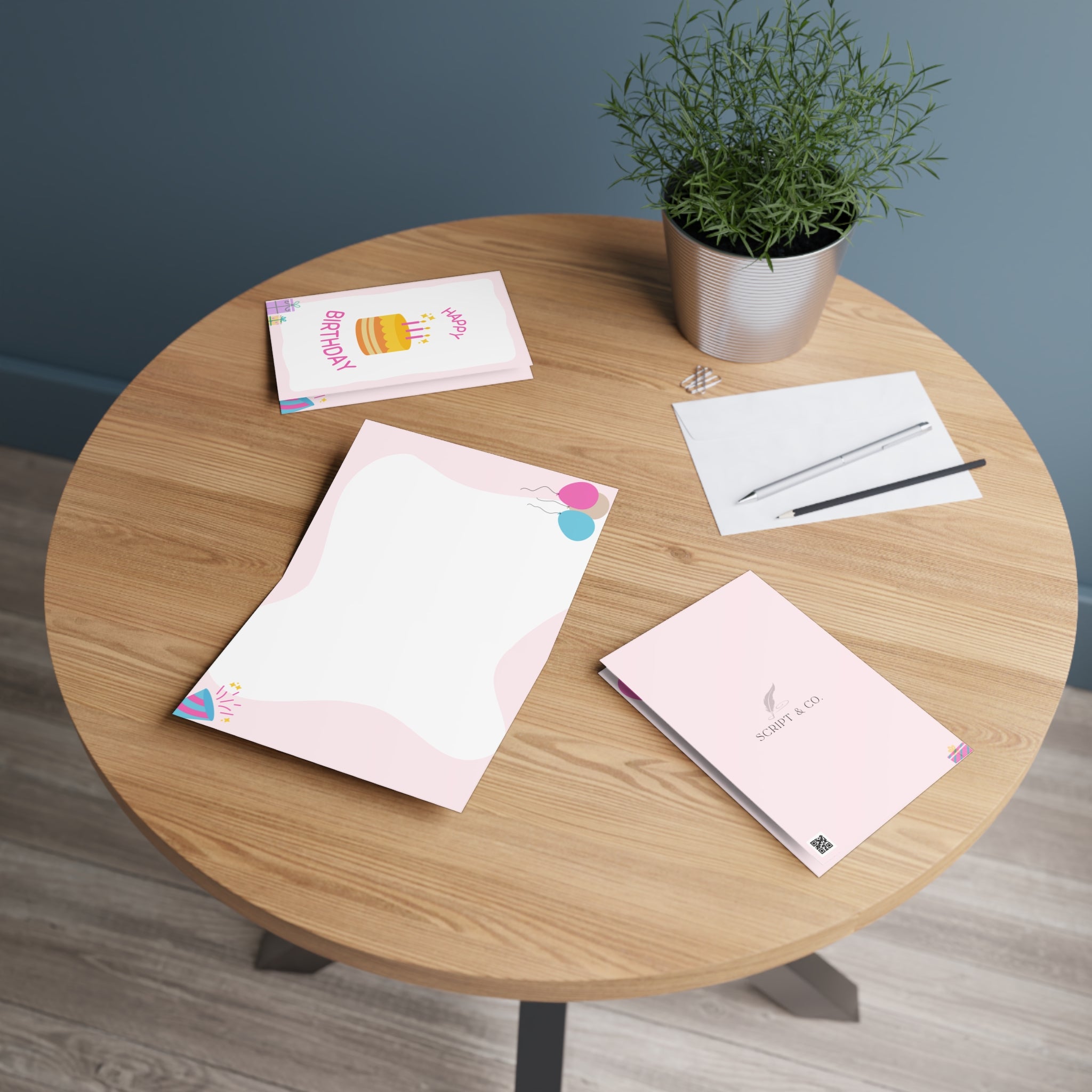 Pink Birthday Greeting Cards, Cute Birthday Cards, Festive Card Set, Celebration Cards, Unique Gift Card, Party Invitation